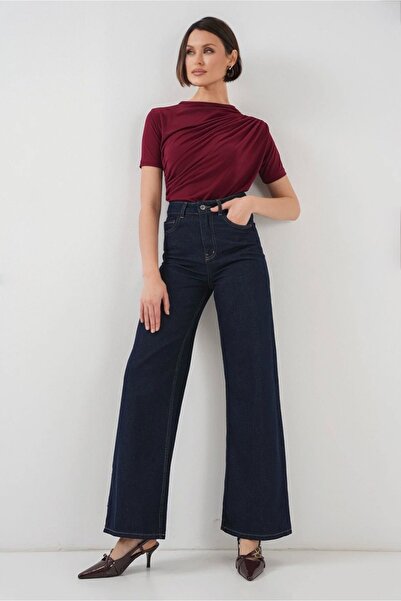 Diviny Women's Burgundy Sandy Short Sleeve Draped Shirred Blouse