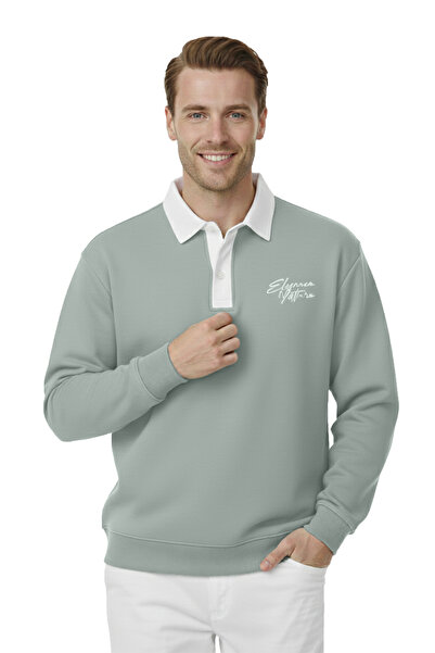DeepSEA Men's Mint Green Relax Fit Fleece Lined Polo Neck Sweatshirt – Cotton Thick Sweatshirt 2600762