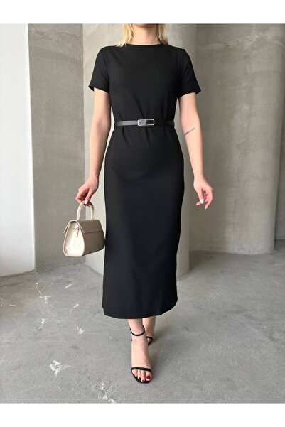 MAXXANA Slit Detailed Belted Poloviskon Dress