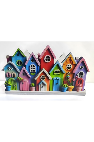TuraLazerKesim Wooden Colored Houses Desktop Pen Holder Pen Box and Organizer (25x14 cm)