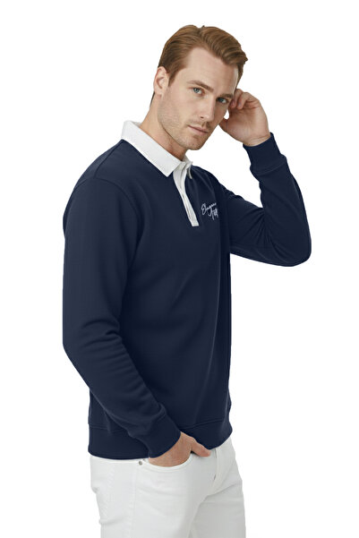 DeepSEA Men's Navy Blue Relax Fit Fleece Lined Polo Neck Sweatshirt – Cotton Thick Sweatshirt 2600762