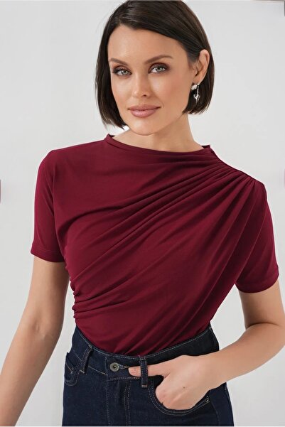 Diviny Women's Burgundy Sandy Short Sleeve Draped Shirred Blouse