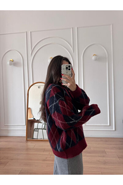 POİNE Women's Diamond Patterned Oversized Premium Knitwear Sweater