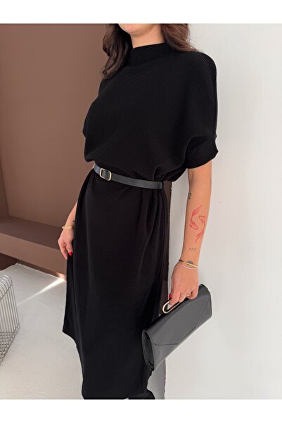 MAXXANA Mock Neck Belted Corded Fabric Half Sleeve Midi Cotton Knitwear Dress