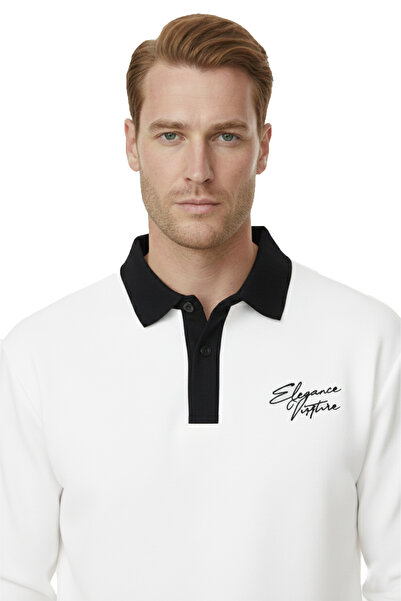 DeepSEA Men's White Relax Fit Fleece Lined Polo Neck Sweatshirt – Cotton Thick Sweatshirt 2600762