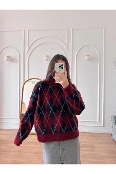 POİNE Women's Diamond Patterned Oversized Premium Knitwear Sweater