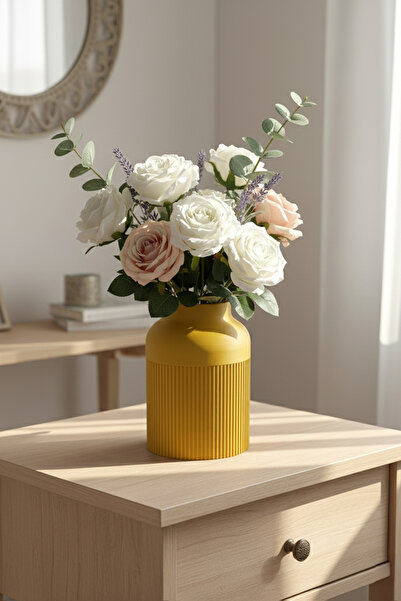 MEK Vază din plastic cu design modern în dungi galben (21x19cm)