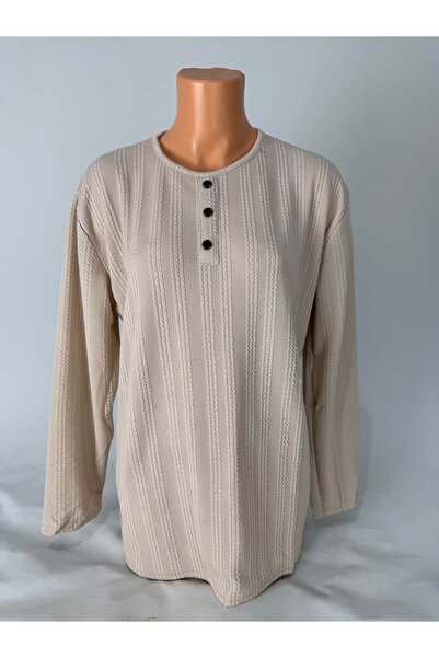 YAŞAR TRİKO Women's Knitted Patterned Crew Neck Long Sleeve Side Slit Wool Mother Combed Cotton T-Shirt