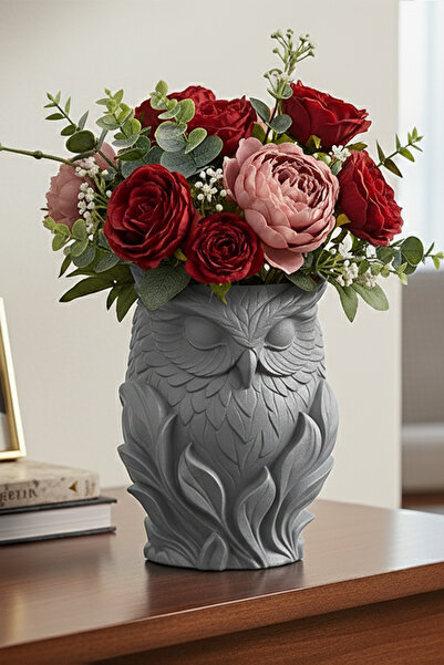 MEK مزهرية بلاستيكية مزخرفة بتصميم بومة باللون الرمادي (16×11.5 سم)