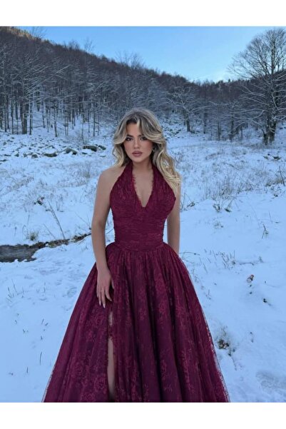 Al-Hanouf Fashion burgundy lace evening dress