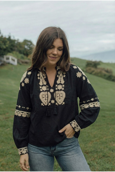 FEMELLE Black Blouse with Tassel Embroidery on the Collar