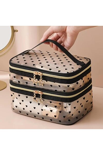 Generic Portable mesh makeup bag with a heart print.