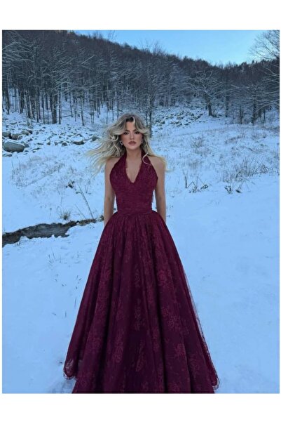 Al-Hanouf Fashion burgundy lace evening dress