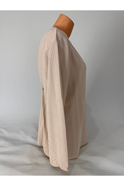 YAŞAR TRİKO Women's Knitted Patterned Crew Neck Long Sleeve Side Slit Wool Mother Combed Cotton T-Shirt