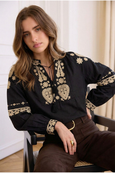 FEMELLE Black Blouse with Tassel Embroidery on the Collar