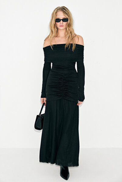 GRIMELANGE Brillante Women's Off-The-Shoulder Bottom Hem Double-Layered Mesh Detailed Drawstring Long Sleeve Black Dress