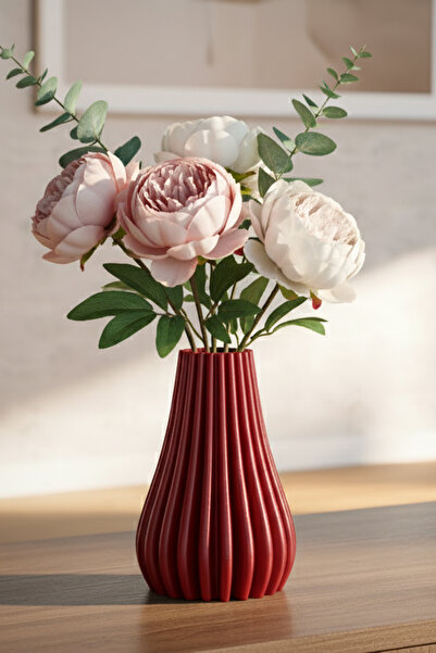 MEK مزهرية بلاستيكية حديثة مخططة للزينة باللون الأحمر (18×12 سم)