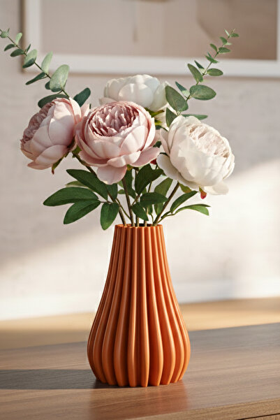 MEK مزهرية بلاستيكية مزخرفة بخطوط عصرية برتقالية (18×12 سم)