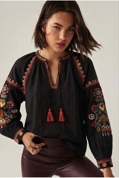 FEMELLE Women's Black Tassel Embroidered Cotton Blouse