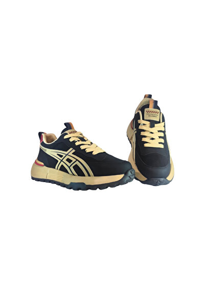 Guja Men's Lace-Up Black Leather Casual Sneaker Shoes with Beige Pattern on Top