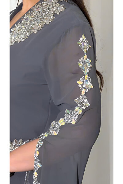 NHMODA Laser Stone Appliqued Chiffon Fabric Evening Dress