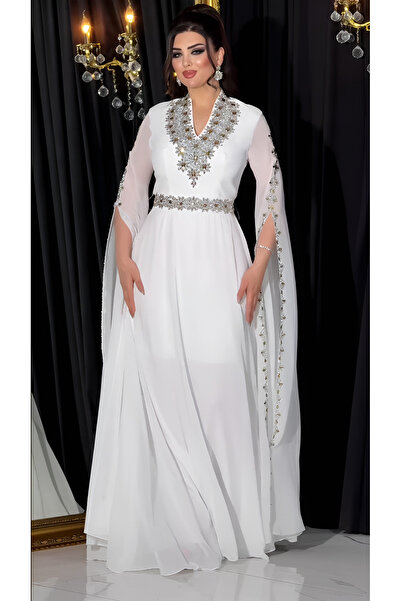 NHMODA Laser Stone Appliqued Chiffon Fabric Evening Dress