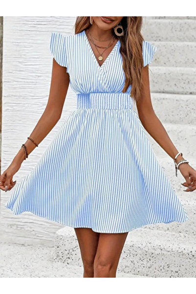 Beruflic Women's Short Sleeve Double Breasted Collar Poplin Dress
