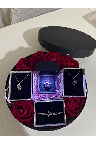HKN AVM ACCESSORİES ışıklı kutuda gümüş renk mor kalp yüzük lotus kolye sevgiliye doğum günü hediyesi 14 şubat sevgililer günü hediyesi advent calendar