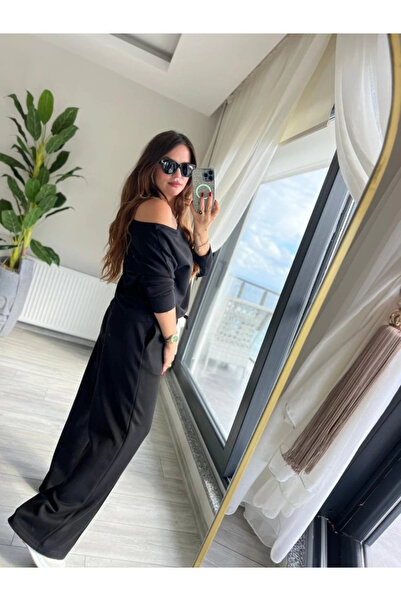 nedo7 Women's Long Sleeve One Shoulder Open Modal Blouse and Pants Two Piece Set