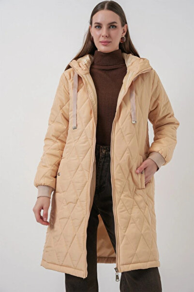 nedo7 5138 Quilted Long Puffer Jacket - Beige