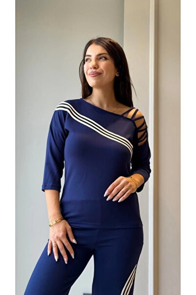 nedo7 Women's Long Sleeve Three Quarter Sleeve One Shoulder Cross Striped Detail Ribbed Viscose Two Thread Blouse and Pant