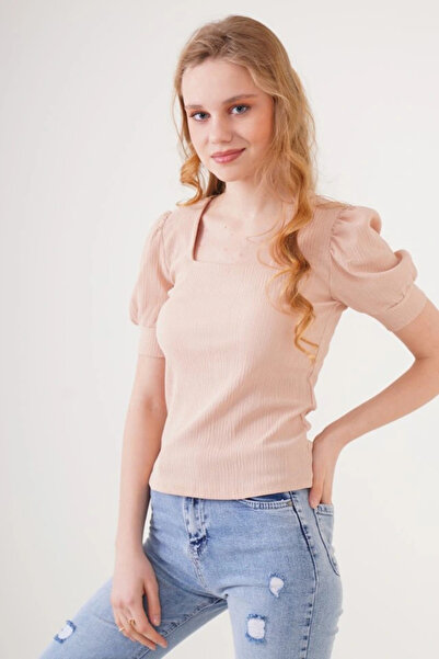 nedo7    0409 Square Neck Knitted Blouse - Biscuit