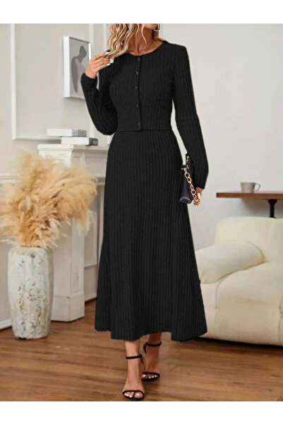 nedo7 Women's long sleeve front button blouse and high waist a-line long skirt raised rib knit double set