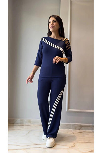 nedo7 Women's Long Sleeve Three Quarter Sleeve One Shoulder Cross Striped Detail Ribbed Viscose Two Thread Blouse and Pant