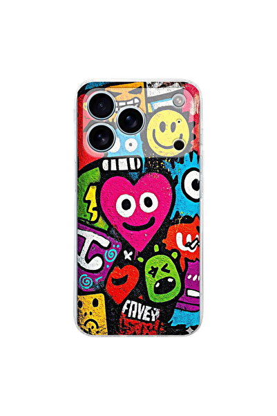 PrintiFy iPhone 17 Pro Max ile Uyumlu Grafiti Aşk Tasarımlı Şeffaf Silikon Kılıf