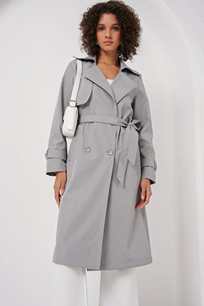 nedo7 5918 Double Breasted Collar Trench Coat - Gray