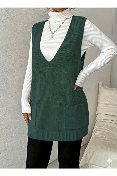 MaxiMor Women's Deep V-Neck Pocketed Knitwear Sweater Vest Pullover Loose Fit Smlxl Size Compatible Length 85 cm