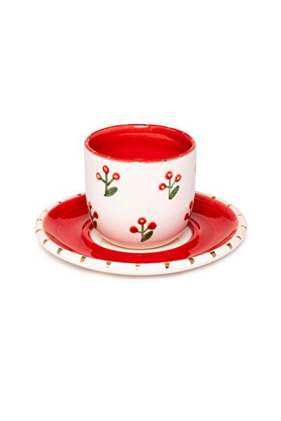 Xmas Cherry Berry Kırmızı Handmade Seramik Türk Kahvesi Fincanı Seti