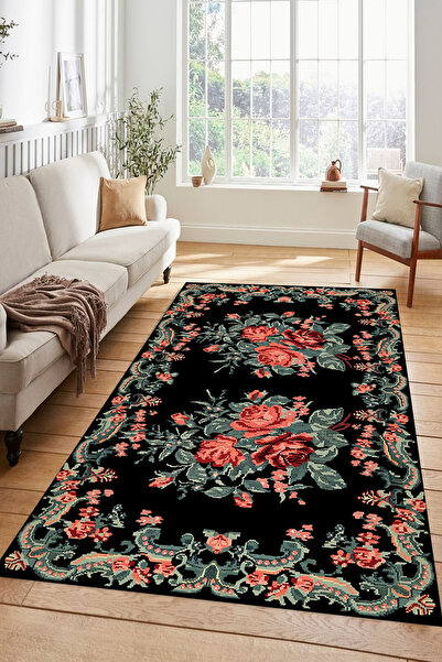 Kessy Home Studio Vintage Çiçek Desenli Siyah Zemin Gül Motifli Kaymaz Salon ...