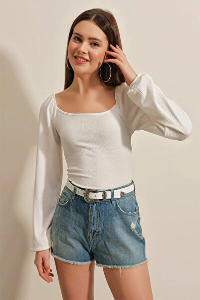 nedo7 0465 Balloon Sleeve Knitted Blouse - White