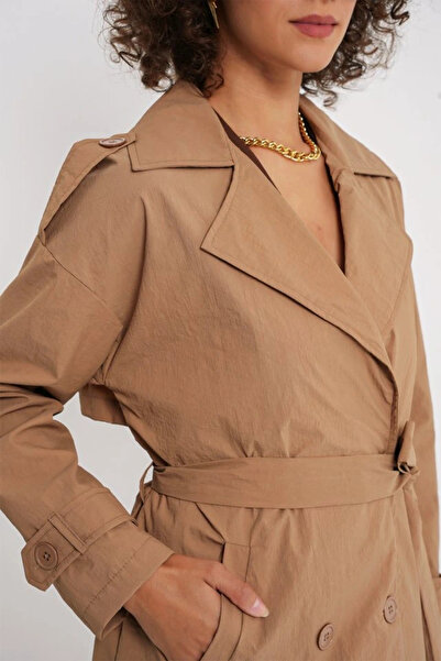 nedo7 5936 Double Breasted Collar Trench Coat - Biscuit