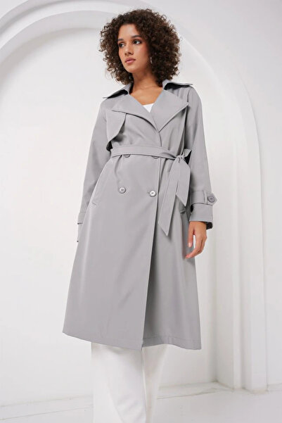nedo7 5918 Double Breasted Collar Trench Coat - Gray