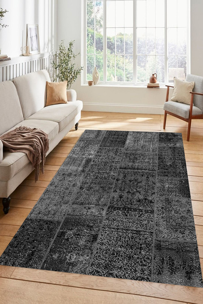 Kessy Home Studio Gri Vintage Patchwork Desenli Modern Salon Halısı Kaymaz Ta...
