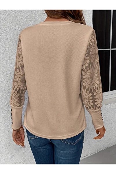 nedo7    Women's Long Sleeve Crew Neck Sleeves Floral Waffle Blouse