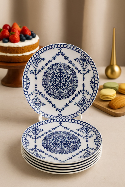 grandora Mavi Beyaz Çini Desenli 6'lı Pasta Tabağı Seti (20 CM) - Pasta ve Tatlı Tabak Vintage Sunum Tabağı