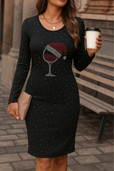 nedo7 Women's long sleeve stone goblet print diver mini length dress