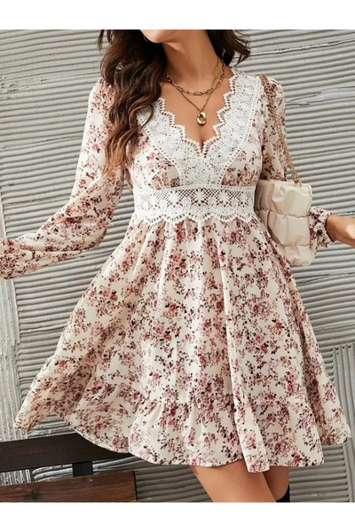 nedo7 Women's Long Sleeve Lace V-Neck Mini Patterned Single Jersey Dress