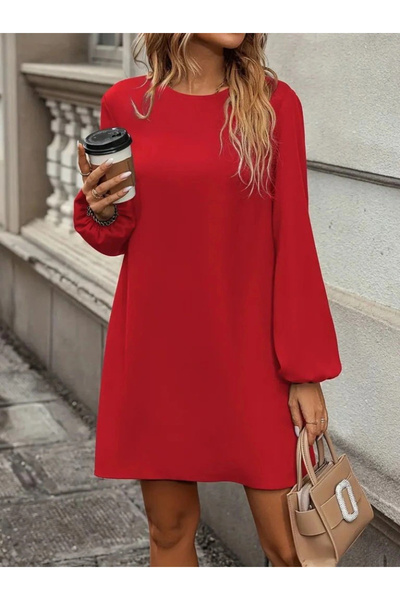 nedo7 Women's Long Sleeve Round Neck Mini Imported Crepe Dress