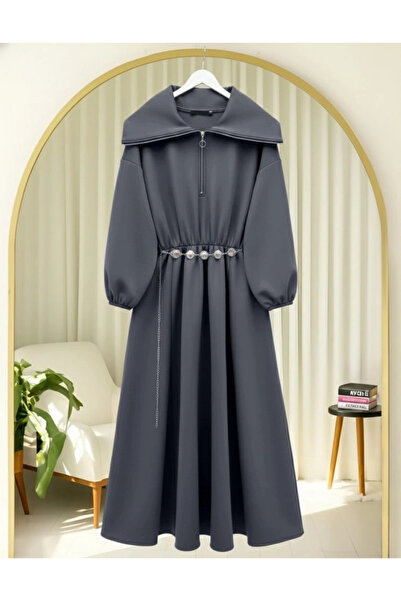 nedo7 High-Necked Half-Zippered Gathered Waist Belted Scuba Dress - Smoked