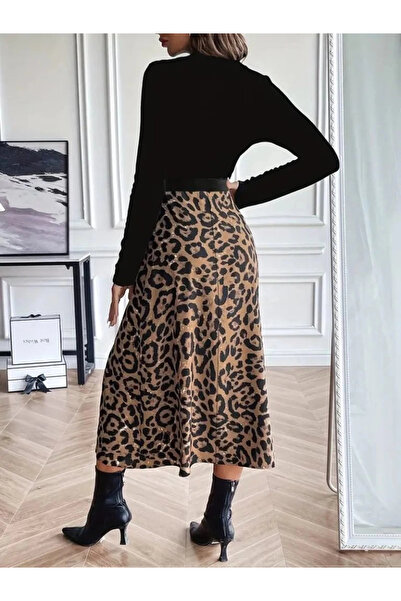 nedo7 Women's Long Sleeve Crew Neck Imported Crepe Blouse Bottom Patterned Modal Midi Dress